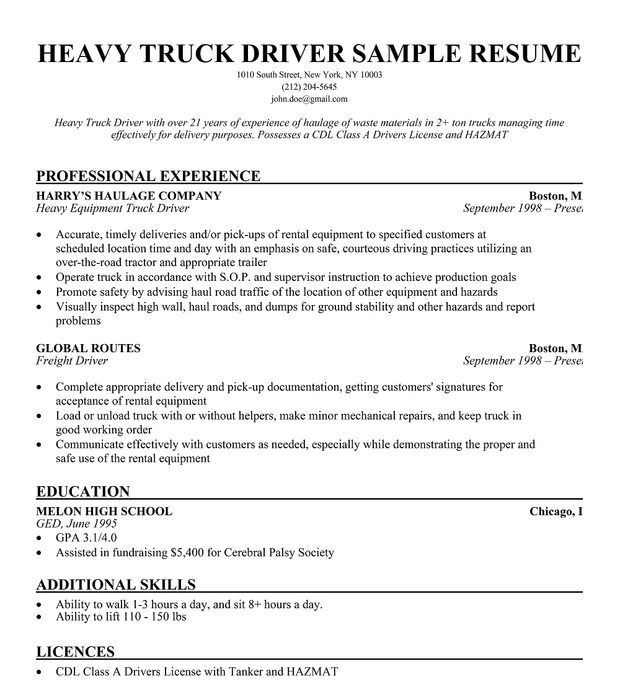 Resume truck driver template